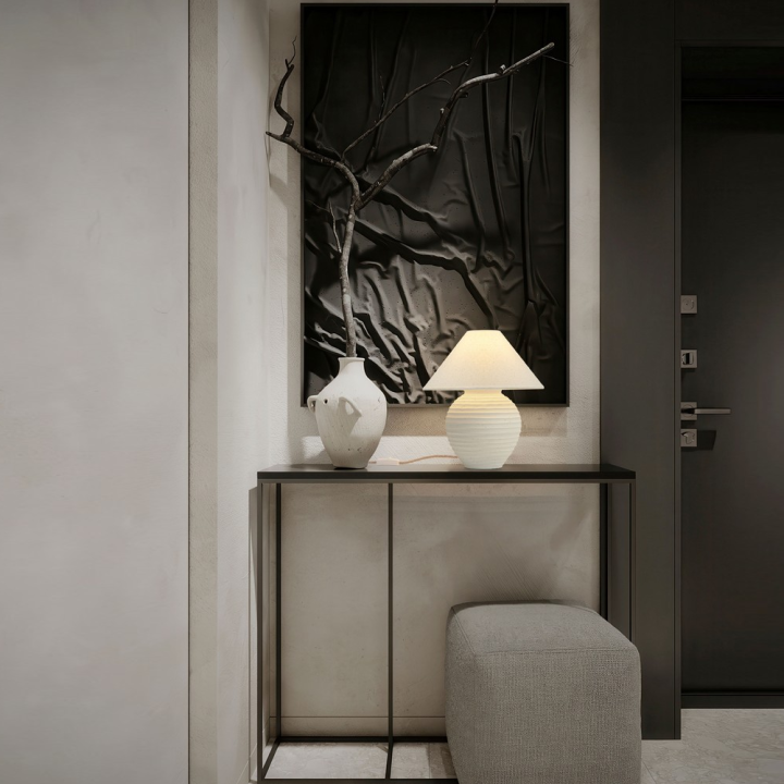 LUCES SILIA ceramiczna lampa stołowa z beżowym lnianym abażurem