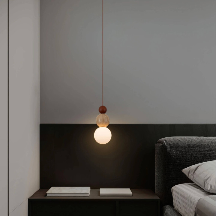 LUCES MARIS Pendant Light with 3 Glass Globes, Travertine, Wood LED G9