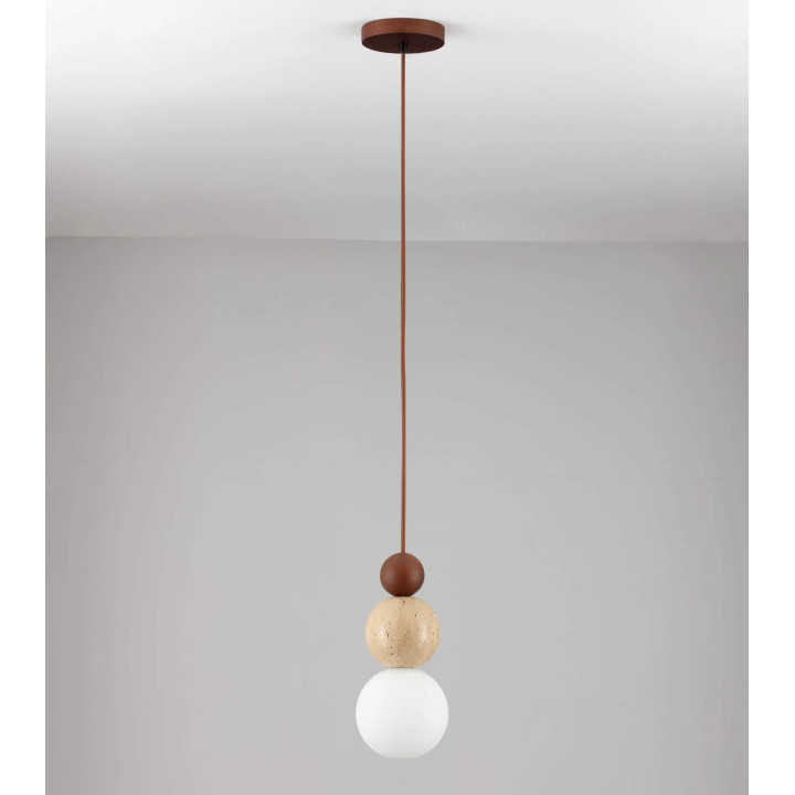 LUCES MARIS lampa wisząca 3 kule szkło, trawertyn, drewno LED G9