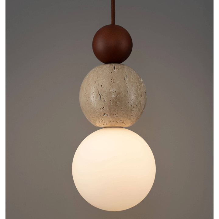 LUCES MARIS lampa wisząca 3 kule szkło, trawertyn, drewno LED G9