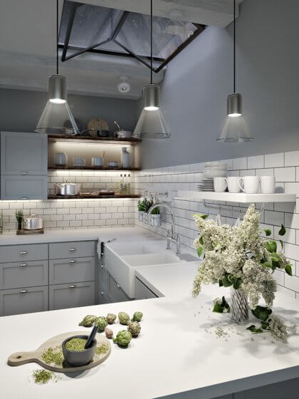 Lamps hanging above the kitchen counter