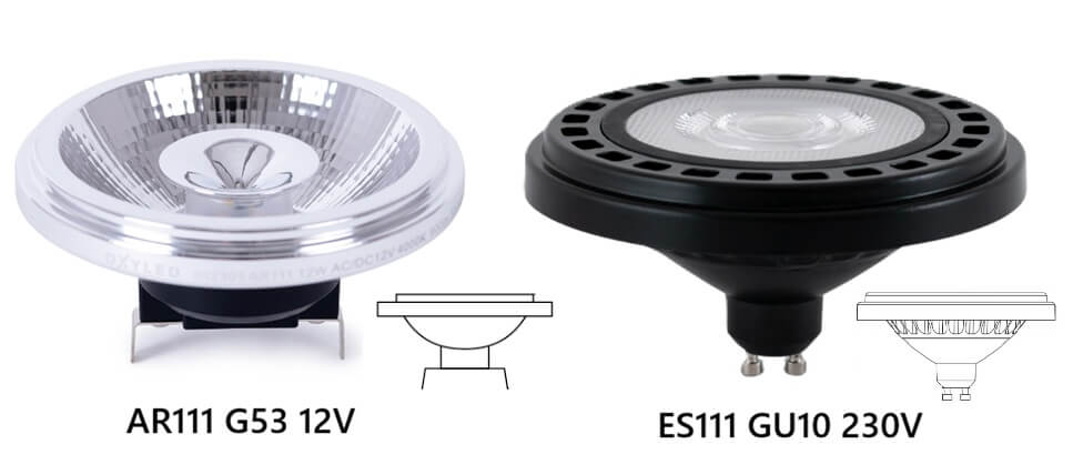 difference between AR111 12V G53 and ES111 GU10 230V bulbs