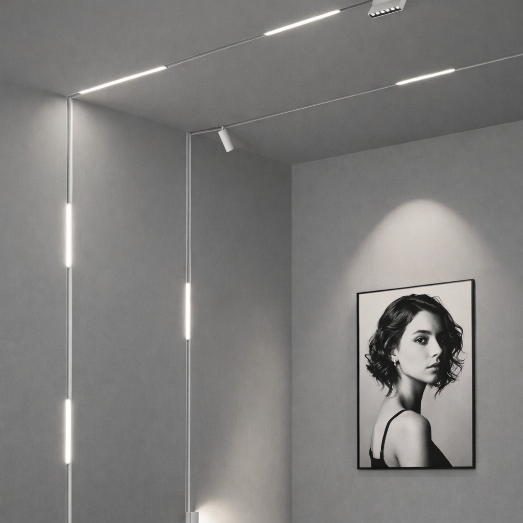 Lampy i reflektory szynowe białe jako światło akcentowe w salonie