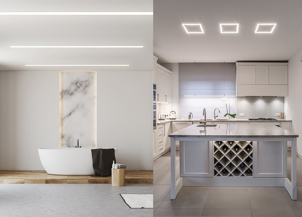 Recessed led profiles in bathroom and kitchen