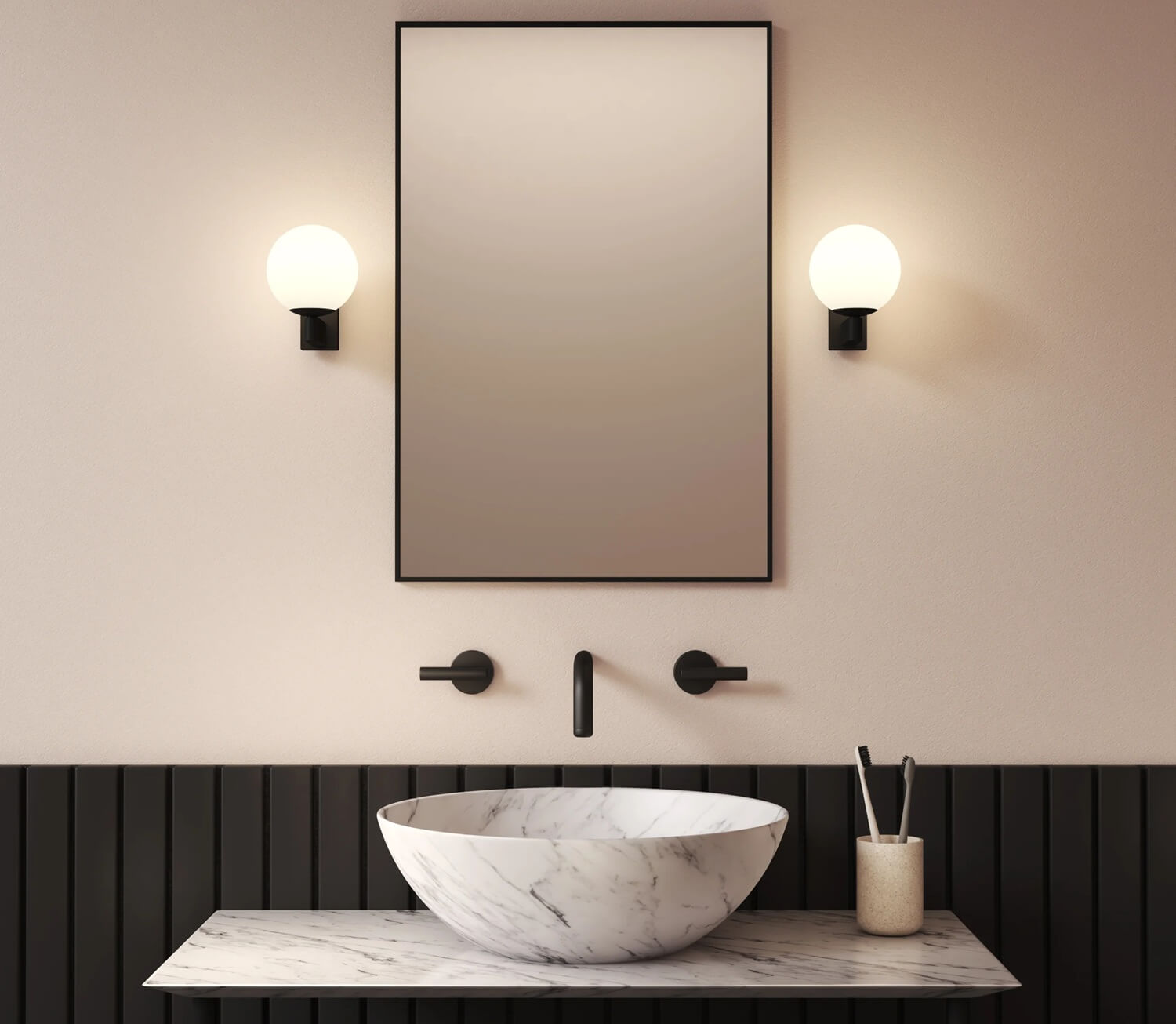 Two bathroom wall lamps with spheres on the sides of the mirror
