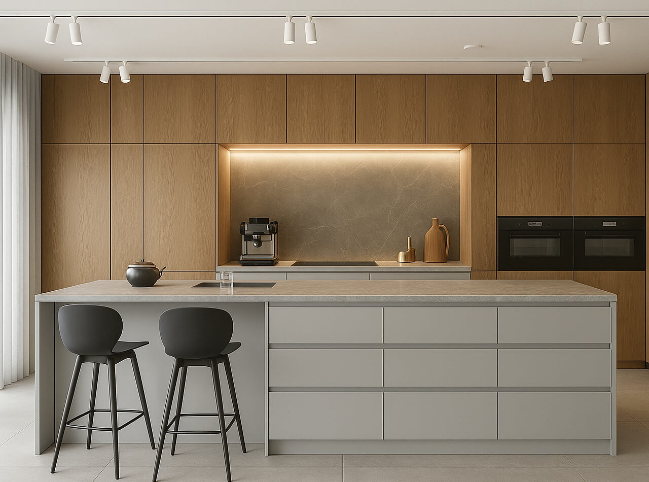 białe oświetlenie szynowe magnetyczne w kuchni