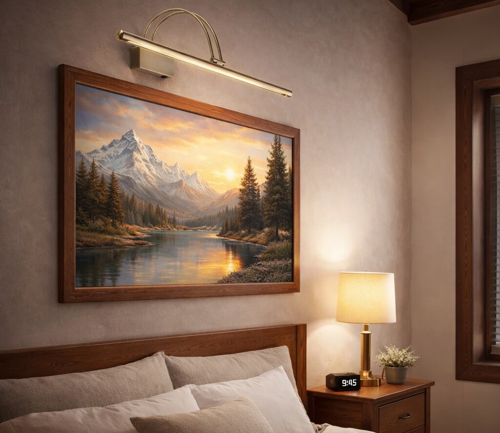 podłużna galeryjka obrazowa LED w sypialni nad łóżkiem