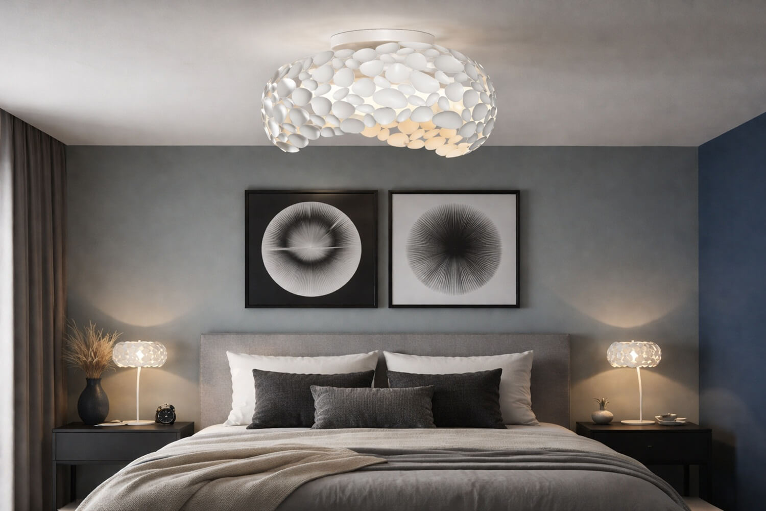 designerski plafon LED w sypialni biały