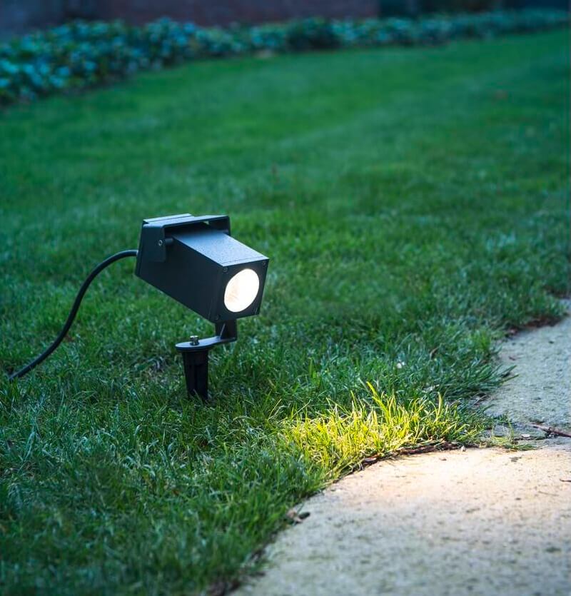 garden spotlight driven into the ground