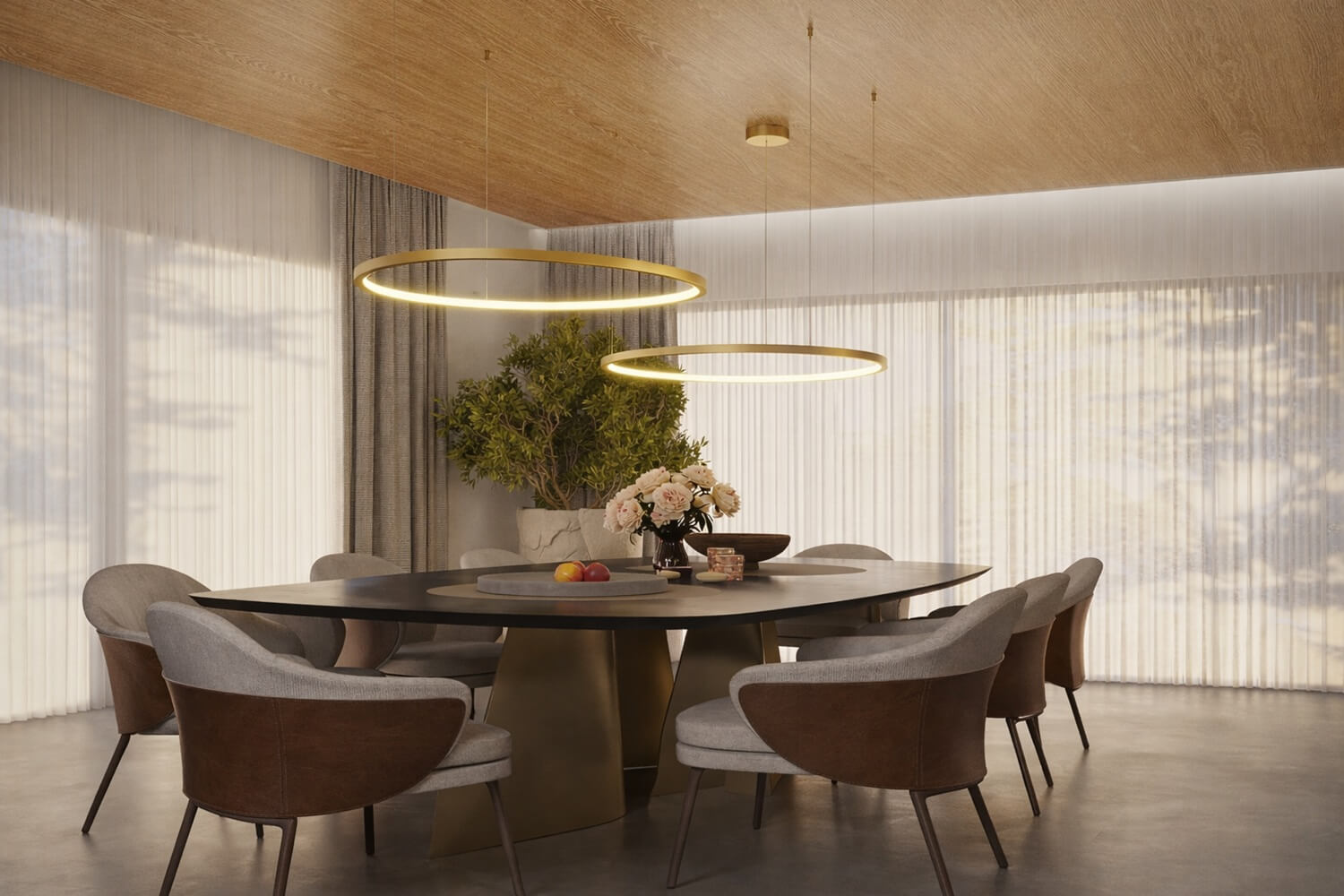 golden LED ring pendant lamp above the table