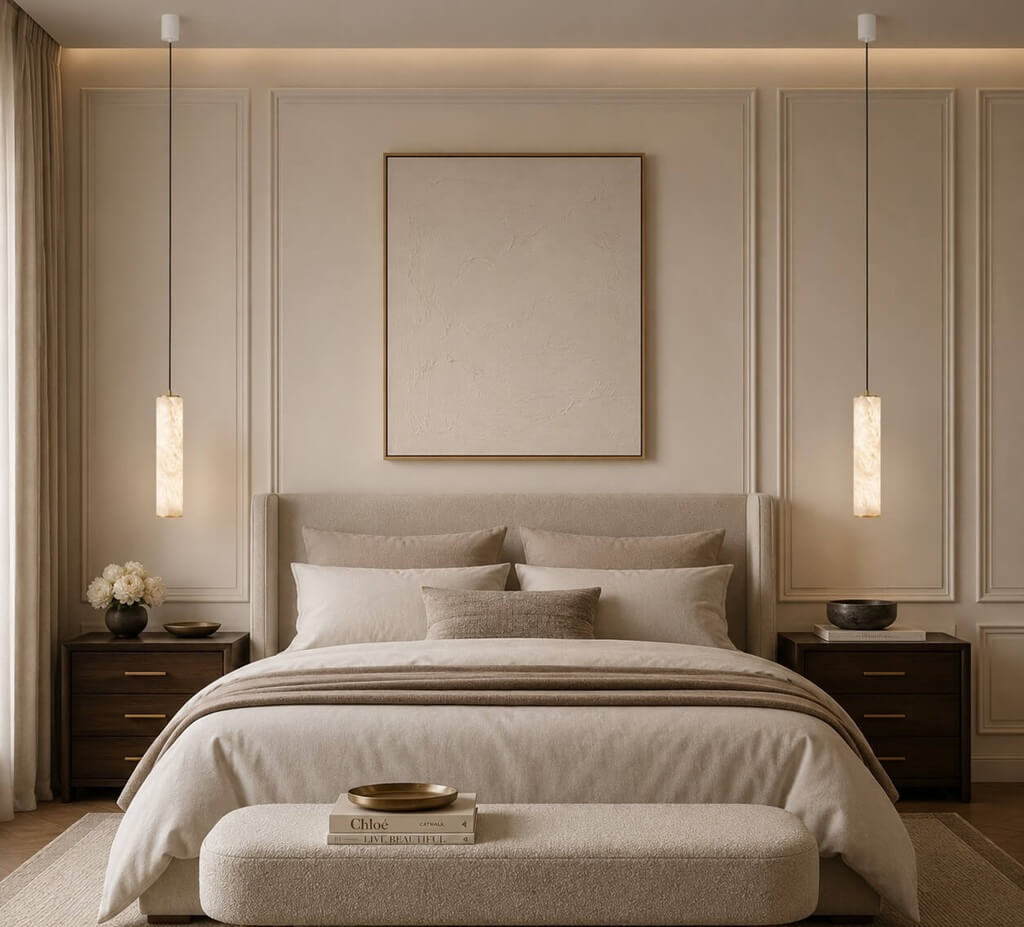 lampa wisząca tuba z alabastru do sypialni