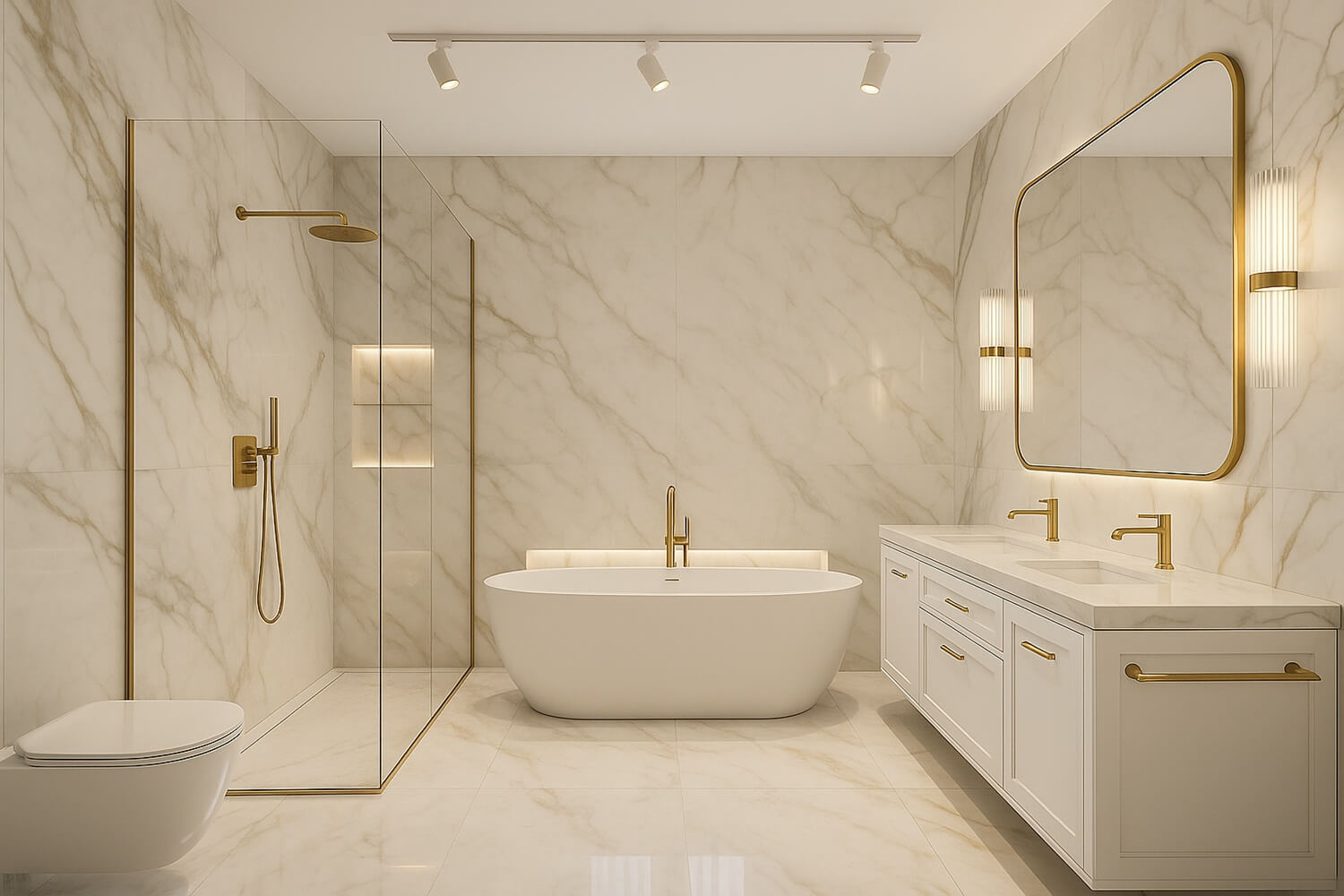 białe oświetlenie szynowe w łazience