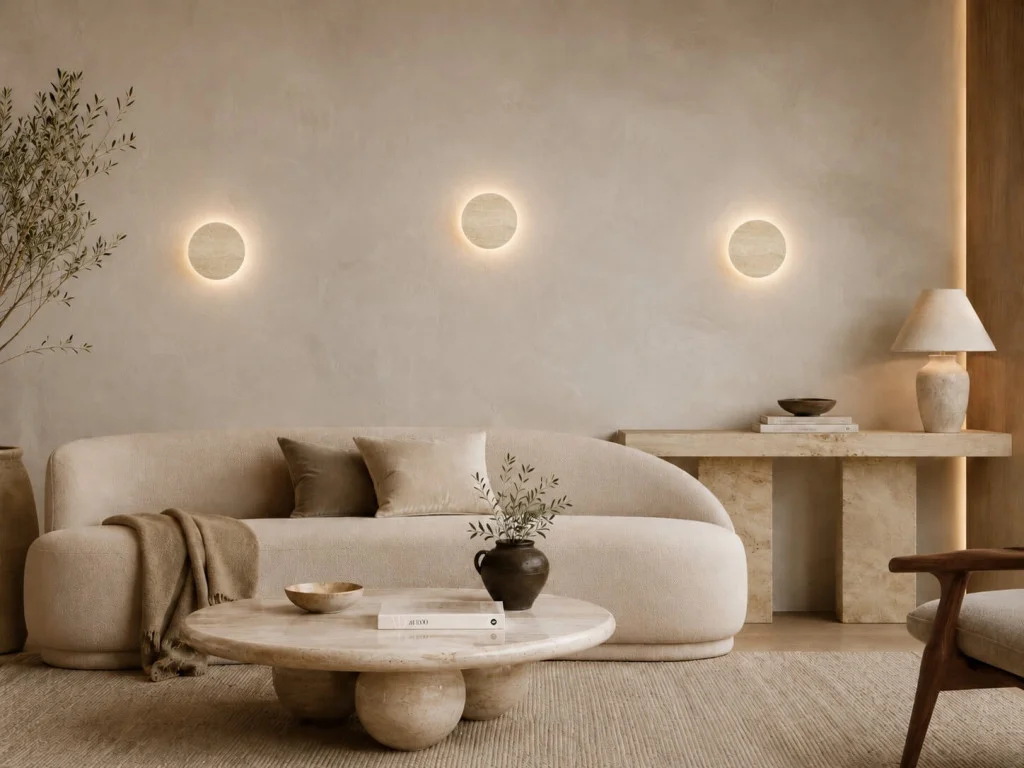 Round travertine LED wall lights for the living room