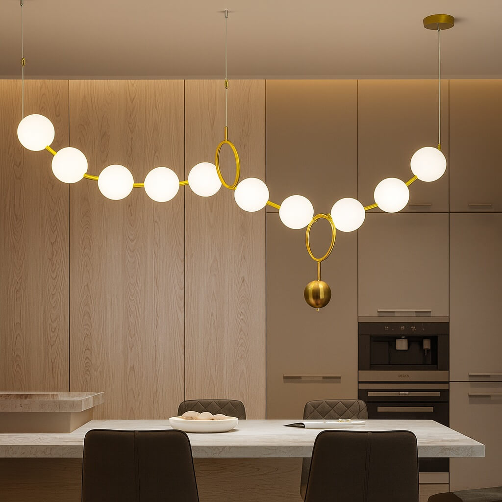 oświetlenie wewnętrzne, lampa wisząca kule nad st&oacute;ł