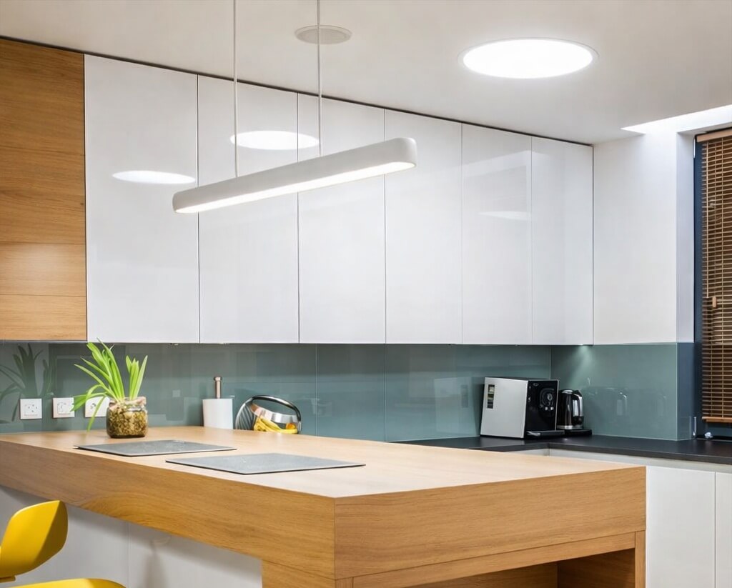 long white LED pendant lamp above the island