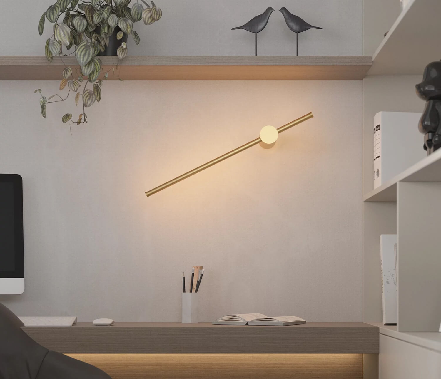 A linear gold LED wall sconce on the wall.