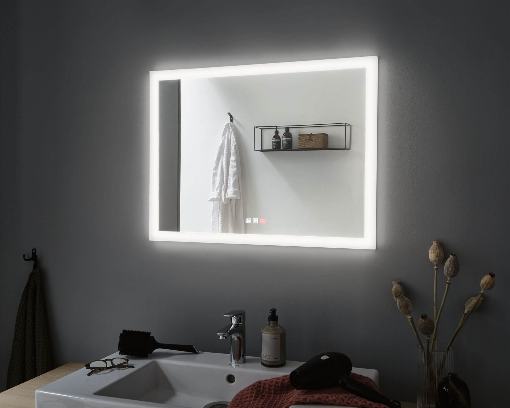 Modern illuminated bathroom mirrors with the function of changing the light color Modern illuminated bathroom mirrors with the function of changing the light color